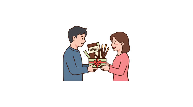 Couple Exchanging Pepero Day Gift Box Vector Illustration
