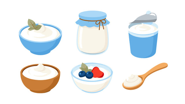 Set of yogurt containers and bowls with creamy dairy dessert