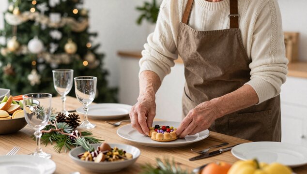 Older woman prepares a dessert for the christmas celebration on the table