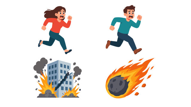 Scared people running from exploding building and fireball