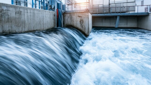 Flowing Water in Hydraulic Flume with Calibrated Measuring Station at Sunrise