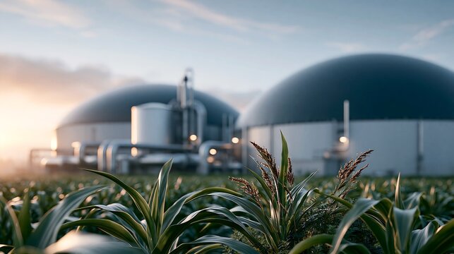 Biogas power plant next to agricultural crops at sunrise, suitable for renewable energy, biomethane production, sustainable farming, circular economy and clean energy projects