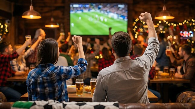 People cheering with raised fists watching football match on large screen in dimly lit sports bar with beers on table enjoying game atmosphere celebration.
