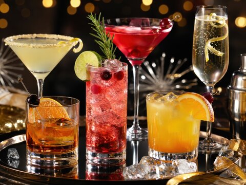 Verschiedene farbenfrohe Cocktails und Sekt auf einem Tablett mit Eis und Zitrusfr&uuml;chten. Moderne Silvestergetr&auml;nke in Deutschland f&uuml;r Party, Bar und festliche Anl&auml;sse.