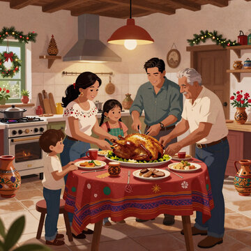 Editorial Illustration Hispanic Latinamerican. Latin Family Cooking Together For Christmas Dinner At Home In Mexico