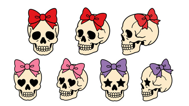 Cute skull set with bows in front side and angled views