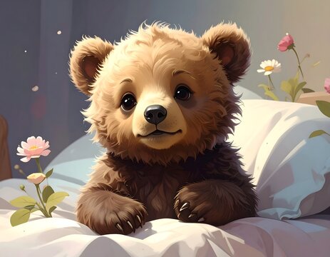 A digital illustration of a cute brown bear lying on a bed with flowers
