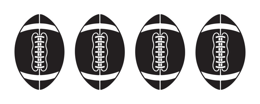 Uniform group of four professional american football icons featuring detailed white lacing on black balls.