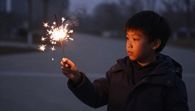 Young boy holds a sparkler creating a bright, festive glow on a dark evening