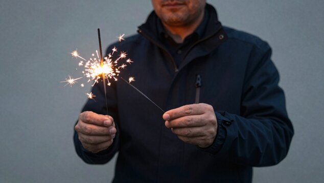 Person holding burning sparklers in front of a gray backdrop for a celebration