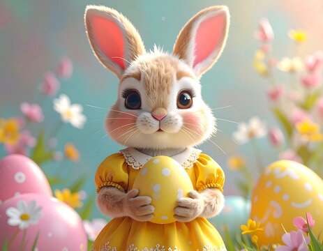 A digital illustration of a cute bunny in a yellow dress holding an egg