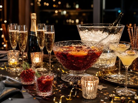 Festlich gedeckter Tisch mit Bowle, Sekt, Cocktails und Eisbeh&auml;lter f&uuml;r eine elegante Silvesterparty. Vielf&auml;ltige Getr&auml;nkewahl in Deutschland f&uuml;r Feier und Neujahr.