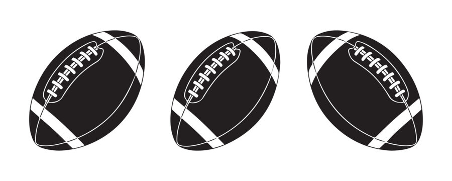 Three detailed american football ball illustrations with realistic lighting effects on transparent background.