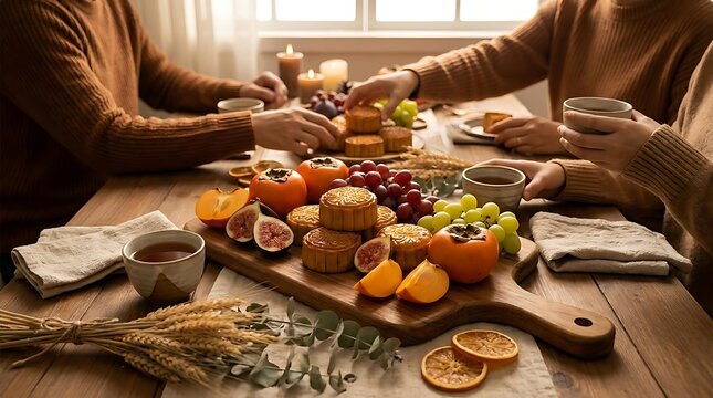 People gathering around table sharing seasonal autumn harvest food celebration