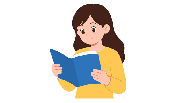 Young woman reading a blue book in flat vector style