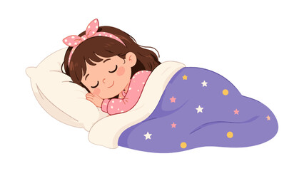 Sleeping girl tucked under a star patterned blanket illustration