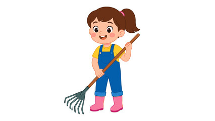 Smiling girl holding garden rake cartoon vector illustration