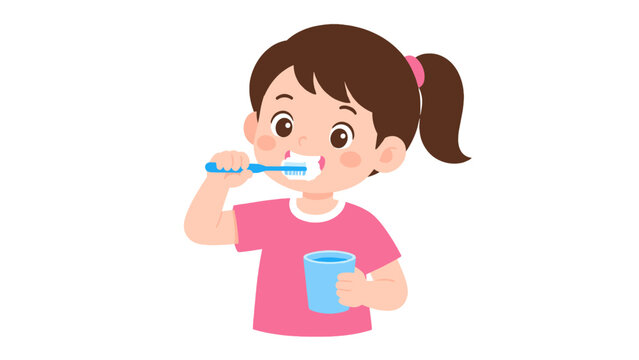 Cute girl brushing teeth with toothbrush and holding a cup