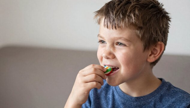 Enthusiastic young boy enjoys eating a colorful candy