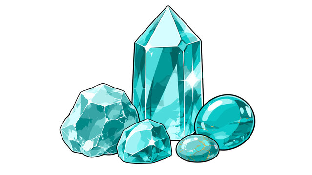 Turquoise gemstone collection with faceted crystals and polished stones