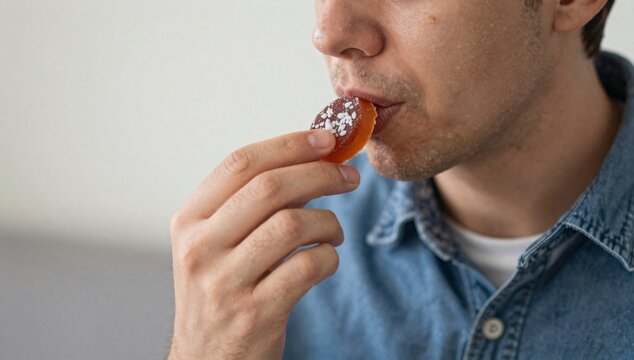 Man eating a candied fruit slice with crystallized sugar in a close up shot