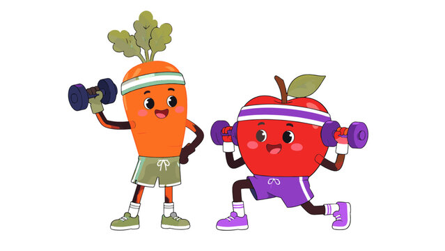 Cartoon carrot and apple exercising with dumbbells