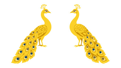 Fototapeta premium Pair of golden peacocks with ornate tail feathers
