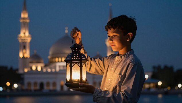 Young boy is holding a lantern outside of a mosque during the night