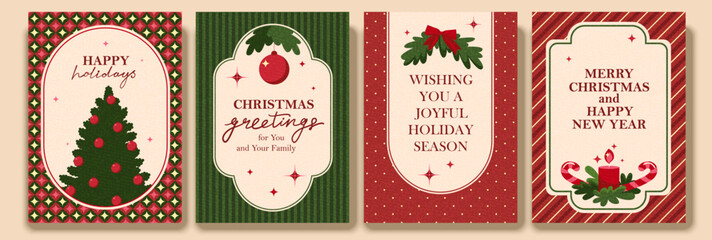 Obraz premium Christmas, New Year retro holiday cards set. Season's greetings. Christmas tree, bow, bauble, candle. Vintage frame design. Old paper texture. Retro geometric patterns.