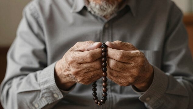Senior man using prayer beads for meditation, mindfulness and spiritual well-being