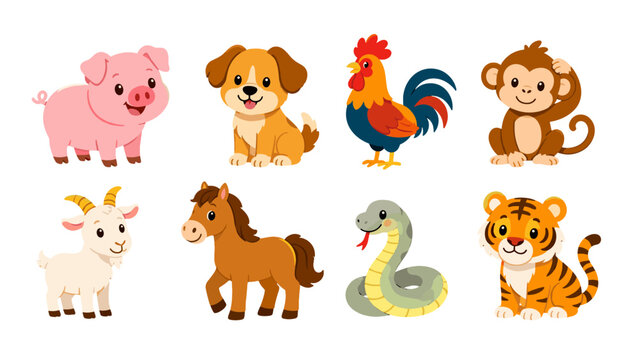 Cute cartoon animal set with pig dog rooster monkey and more