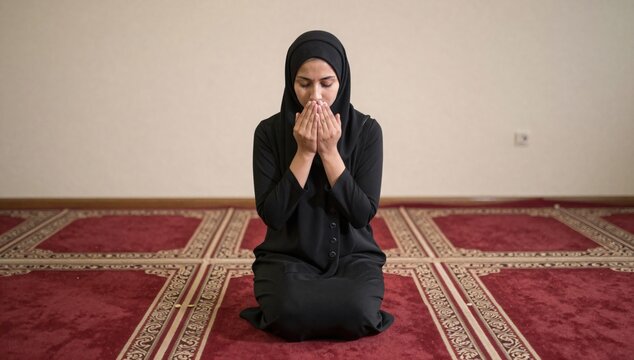 Woman dressed in black abaya sitting on her knees in prayer inside a mosque