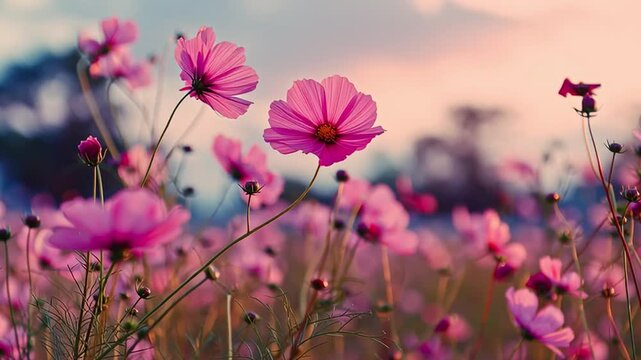 Bright Pink Flowers Blooming in a Vibrant Agricultural Field at Sunset Generative AI