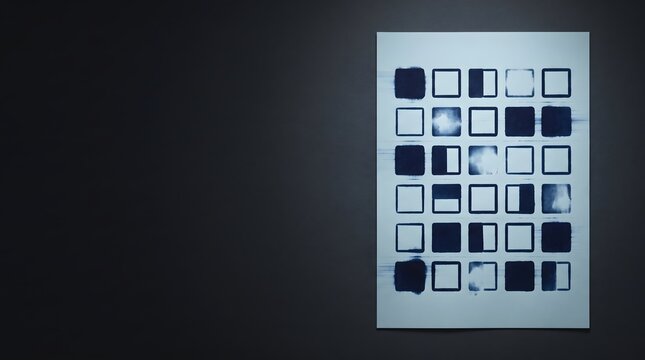 Pale blue mimeograph paper with abstract grid of navy squares in varied fill states solid outline half-filled and ink dropout on dark charcoal surface, mimeograph print zine culture raw print 