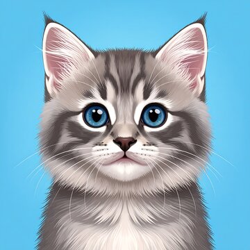 A digital illustration of a cute gray kitten with blue eyes