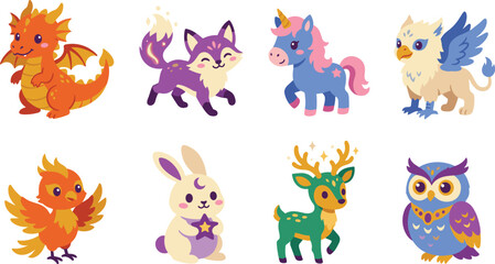 Obraz premium Cute Fantasy Animals Icon Set Magical Creatures Dragon Unicorn Phoenix Vector Illustration