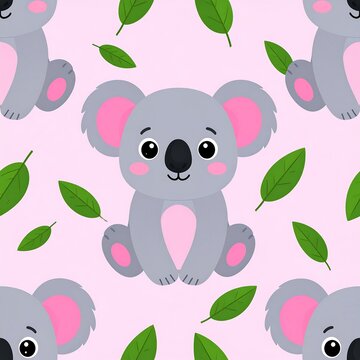 A digital illustration of a cute koala bear surrounded by green leaves on a pink background
