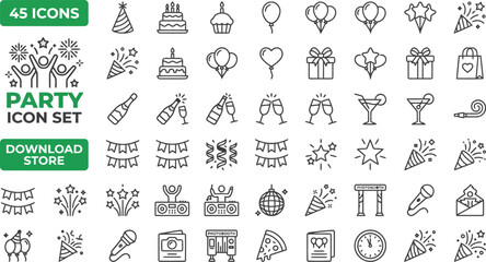 Naklejka premium 45 Party and Celebration Line Icons Set with Balloons, Cake, Fireworks, and Champagne Glasses