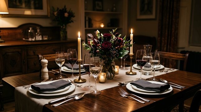Candlelit Dinner Table with Floral Centerpiece.