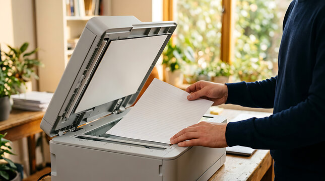 Man putting a white paper into a modern printer scanner in a bright home office environment