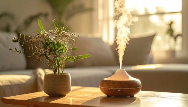 Aroma diffuser on wooden table in bright sunlit room.