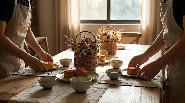 People preparing food for a meal on a wooden table indoors