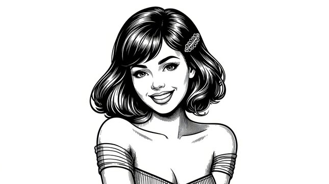 Black and White Scratchboard Illustration of Smiling Woman with Classic Bob Hairstyle &ndash; Vintage Portrait Engraving