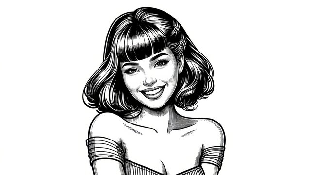 Black and White Scratchboard Illustration of Smiling Woman with Classic Bob Hairstyle &ndash; Vintage Portrait Engraving
