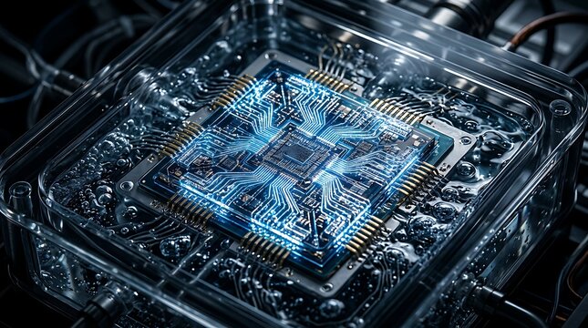 Advanced microprocessor with glowing blue circuits in liquid cooling