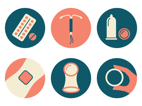 Six stylized icons representing different methods of birth control