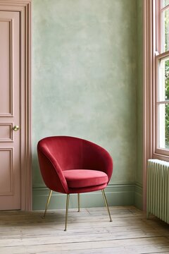 Elegant maximalist interior with red velvet accent chair against sage green wall in a bright residential room, dopamine decor style, bold colorful contemporary home design.