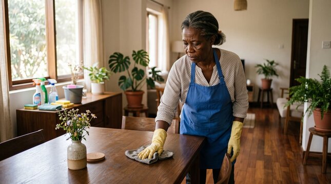 Senior Black Housekeeper Cleaning a Dining Table in a Cozy Home Interior.