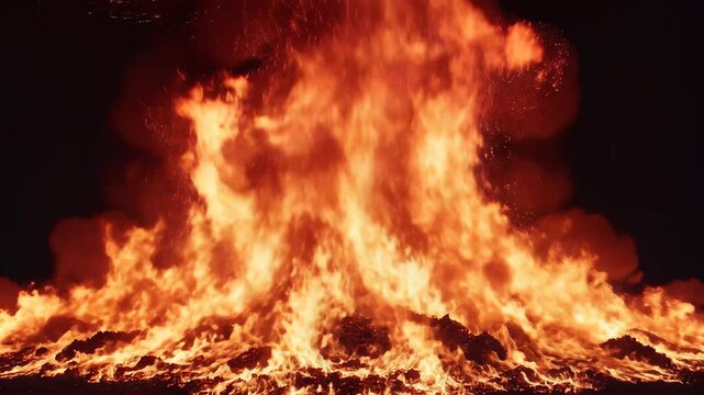 Large fire flames burning with smoke against dark background