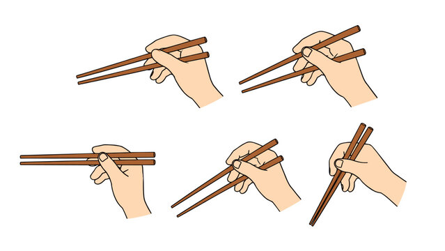 Vector illustration set of hands holding chopsticks in different positions
